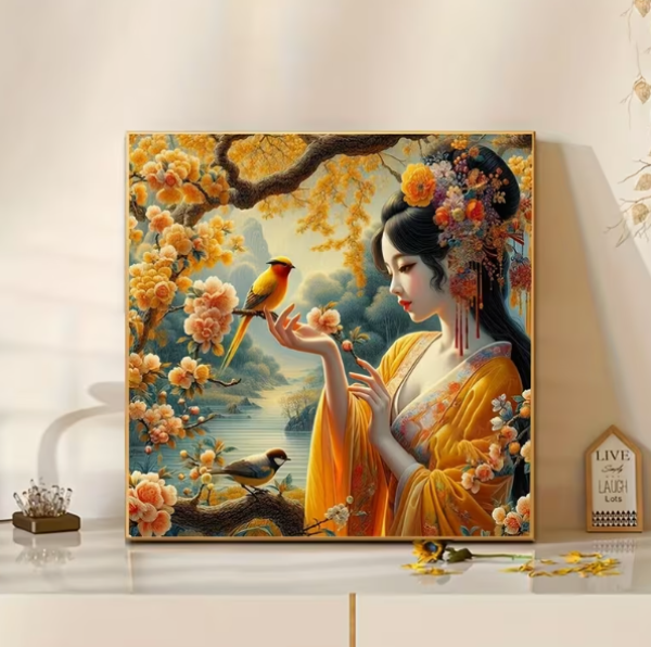 Diamond Painting Asiatische Schönheit mit Vögeln